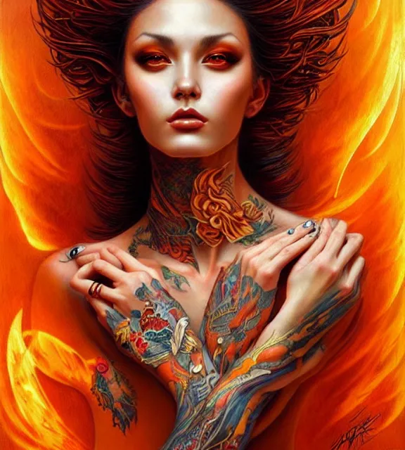 Prompt: woman with fiery tattoos, fiery wings, beautiful, intricate, portrait, digital art by artgerm and karol bak