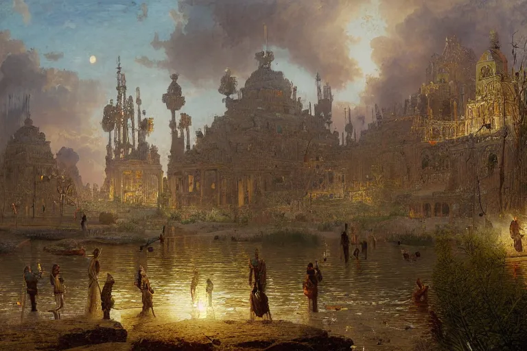 Image similar to detailed painting of a multiverse gateway in ancient mesopotamia in the middle of a sulphur lake, filigree ornaments, andreas achenbach, simon stalenhag