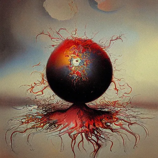 Image similar to a sphere being devoured by abstract splatters of paint in the style of francis bacon, venus being engulfed in flames in the style of james jean, surreal, beksinski, high detailed