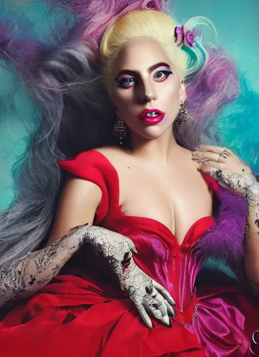 Image similar to lady gaga photohoot artpop disney princess, vogue magazine, fairytale, Highly realistic. High resolution. Highly detailed. Dramatic. 8k.4k.