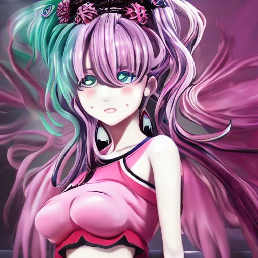 Prompt: beneath stunningly beautiful megalomaniacal haughty mesmerizing assertive omnipotent anime asi goddess junko enoshima with symmetrical perfect face and porcelain skin, pink twintail hair and cyan eyes, traps you inside her inescapable virtual world forever and ever!, ultra detailed, digital art, unreal engine 5, octane render, 2 d anime, 8 k