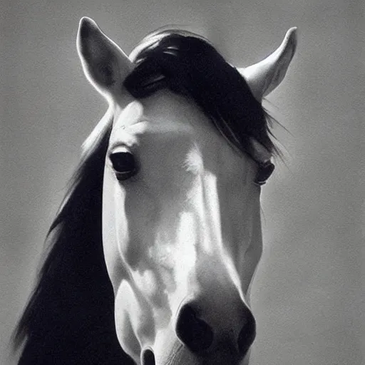 Image similar to painting of a glorious horse head, editorial fashion photography, black and white, by łempicka