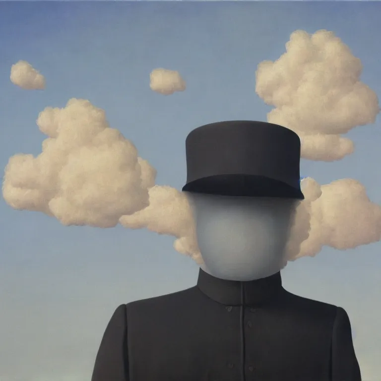 Prompt: portrait of a scary creepy ghost, clouds in the background, by rene magritte, detailed painting, distance, middle centered, hd, hq, high resolution, high detail, 4 k, 8 k