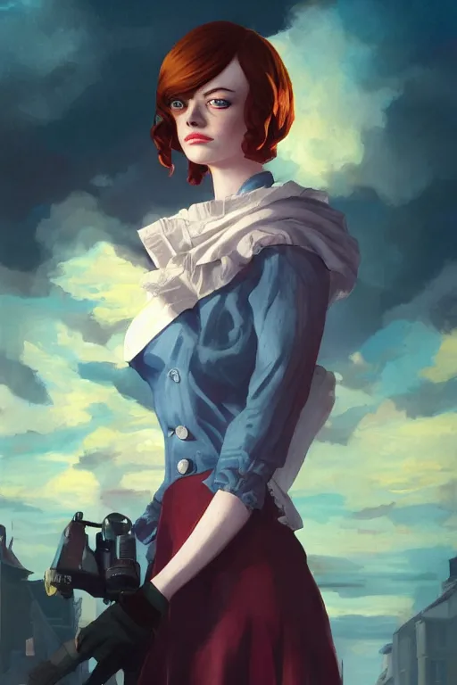 Image similar to a portrait of emma stone, bioshock infinite setting, vivid colors, soft lighting, atmospheric, cinematic, moody, in the style of ilya kuvshinov and range murata, krenz cushart, rule of thirds, oil on canvas, 8 k