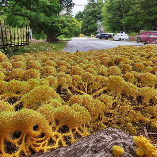 Image similar to fractal slime mold taking over a small town in rural West Virginia