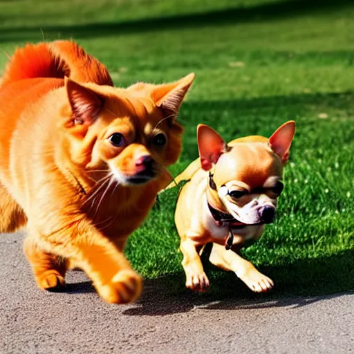 Prompt: a big fat orange cat chasing a small tan chihuahua