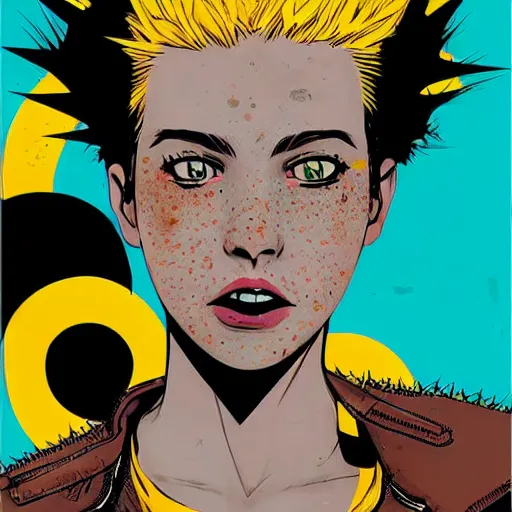 Image similar to Highly detailed portrait of a punk zombie cuban young lady with freckles and short spikey punk hair by Atey Ghailan, by Loish, by Bryan Lee O'Malley, by Cliff Chiang, was inspired by image comics, inspired by scott pilgrim, inspired by graphic novel cover art !!!electric blue, brown, black, yellow and white color scheme ((grafitti tag brick wall background))