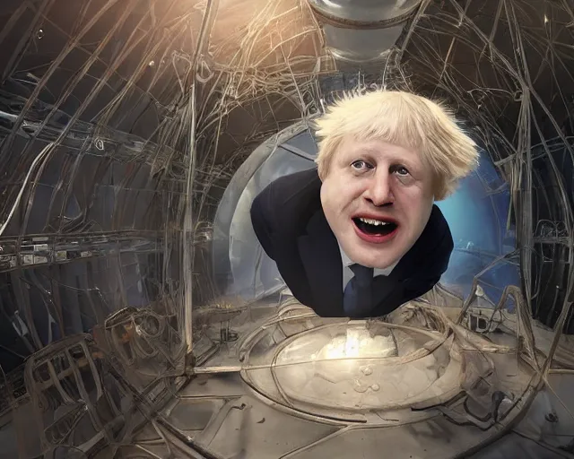 Prompt: boris johnson being created in a giant science labroalratory suspended in a floating gel tank, character art, by various concept artists, redshift render, hyperrealistic face, photorealistic render