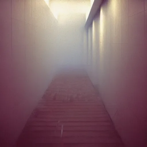 Prompt: Beautiful cameraphone 2000s, soft liminal Photograph of foggy hallway pool