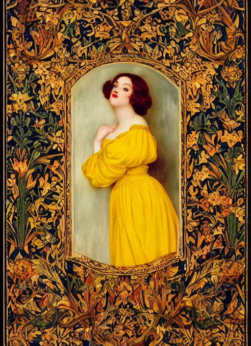 Prompt: masterpiece beautiful seductive curvey sexy pose preraphaelite portrait photography, hybrid of judy garland and zooey deschanel, straight bangs, yellow ochre ornate medieval dress, william morris and kilian eng and mucha, framed, 4 k