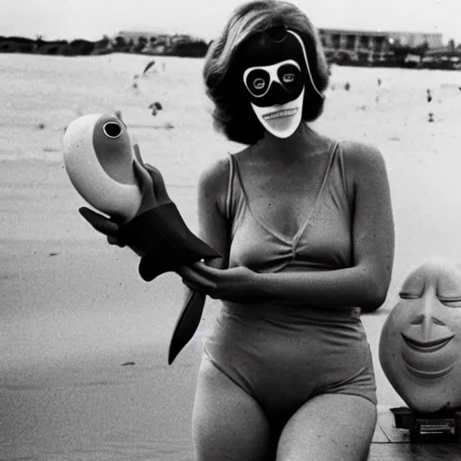 Image similar to 1976 woman wearing a happyprosthetic mask with long snout nose and nostril, soft color wearing a swimsuit at the beach 1976 holding a an inflatable fish color film 16mm Fellini John Waters Russ Meyer Doris Wishman old photo