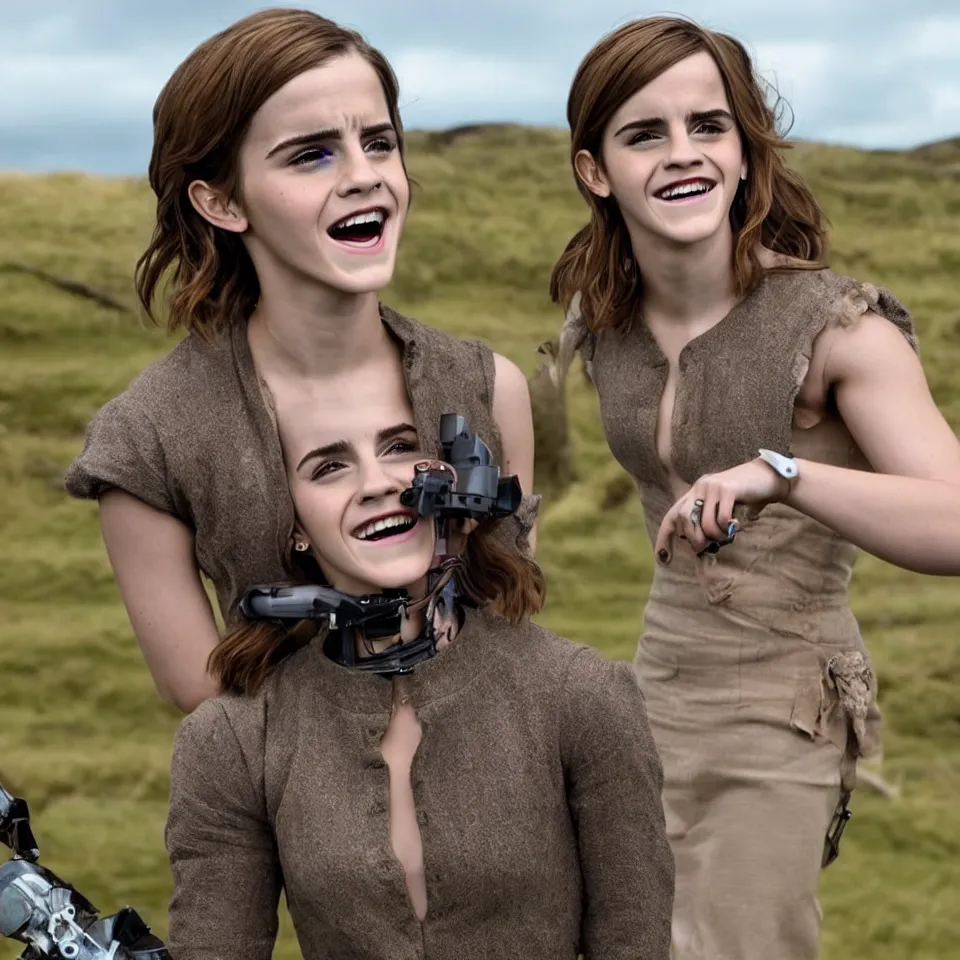 Prompt: Joyful!!! smiling Emma Watson wearing cyborg prosthetic in the style of Her (2013). Clear Hands. Clear body. Clear Clothes. Hobbiton as Background. Cinematic. Professional Photo. UHD. 8k. Clear Face.