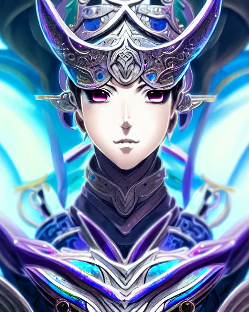 Image similar to anime portrait of an iridescent opal cyborg shinobi, intricate ornate details, morandi color scheme, fantasy, elegant, highly detailed, wide angle, digital painting, artstation, concept art, smooth, sharp focus, illustration, wallpaper, dynamic pose, splash art, league of legends, art by artgerm and greg rutkowski and bo chen and jin xiaodi