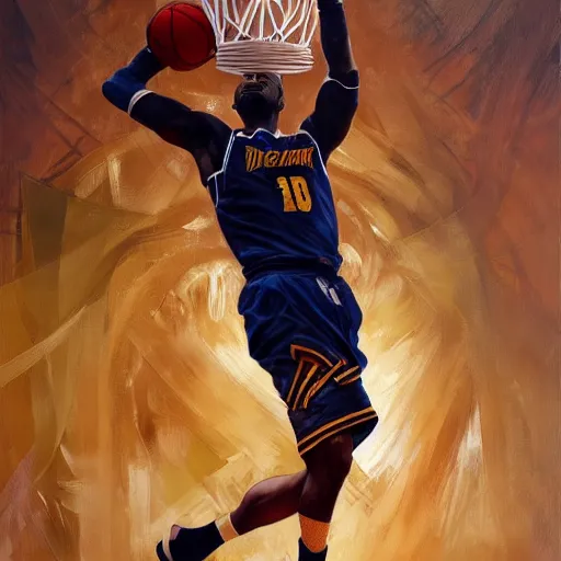 Prompt: A expressive oil painting of a basket ball player dunking, highly detailed, artstation, sharp focus, illustration, art by artgerm and greg rutkowski and alphonse mucha and leonardo da vinci