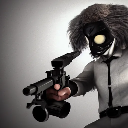 Prompt: butler with wolf face, dystopian, cinematic lighting, horror scene, big gun, black mask, octane render