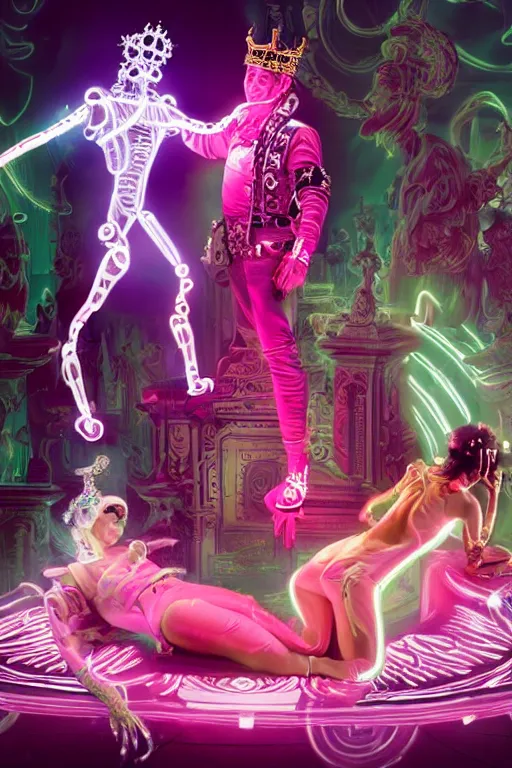 Prompt: full-body rococo and cyberpunk style neon statue of a young attractive aladdin macho dotado e rico android sim roupa reclining con las piernas abertas e la piroca dura, glowing white laser eyes, prince crown of pink gears, diamonds, swirling silver-colored silk fabric. futuristic elements. full-length view. space robots. human skulls. intricate artwork by caravaggio. Trending on artstation, octane render, cinematic lighting from the right, hyper realism, octane render, 8k, depth of field, 3D