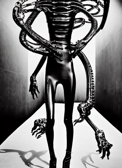 Prompt: walking down the catwalk, steven klein, h. r. giger, show, stage, vogue photo, podium, fashion show photo, historical baroque dress, iris van herpen, beautiful woman, full body shot, masterpiece, inflatable shapes, alien, predator, guyver, jellyfish, white biomechanical details, highly detailed