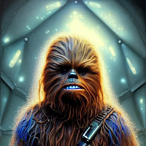 Prompt: hyper detailed masterpiece, chewbacca portrait jean giraud, digital art painting, darkwave goth aesthetic, psychedelic, artgerm, donato giancola, tom bagshaw