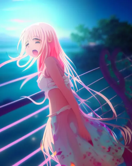 Prompt: anime style, vivid, expressive, full body, 4 k, a cute girl with white skin and long pink wavy hair singing a song, heavenly, stunning, realistic light and shadow effects, happy, centered, landscape shot, happy, simple background, studio ghibly makoto shinkai yuji yamaguchi