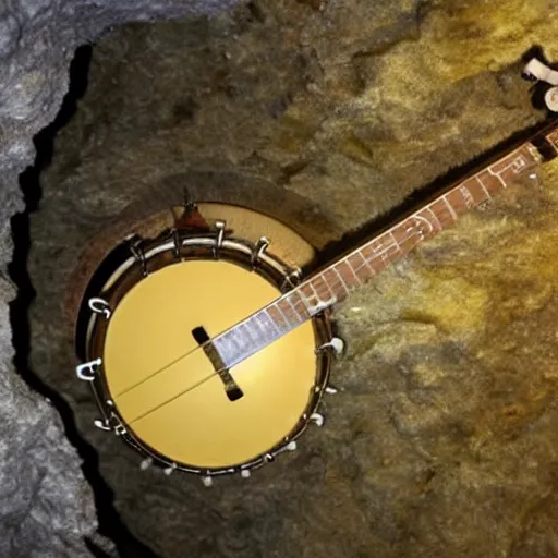 Prompt: a banjo made out of cheese in a vast cave lit by torchlight