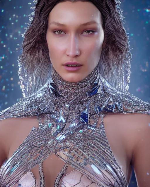 Image similar to a highly detailed metahuman 8 k close up render of bella hadid renaissance in iris van herpen dress schiaparelli in diamonds crystals swarovski and jewelry iridescent in style of alphonse mucha trending on artstation made in unreal engine 4