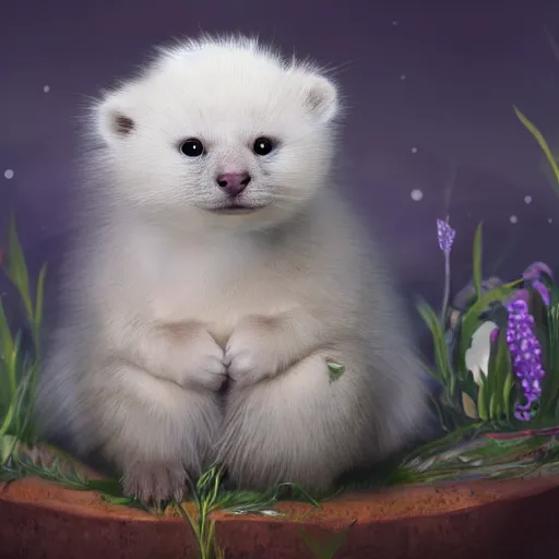 Prompt: white mink with head surrounded by nimbus made of chromosomes and virions matte art hd lilia alvarado 8k starring at camera