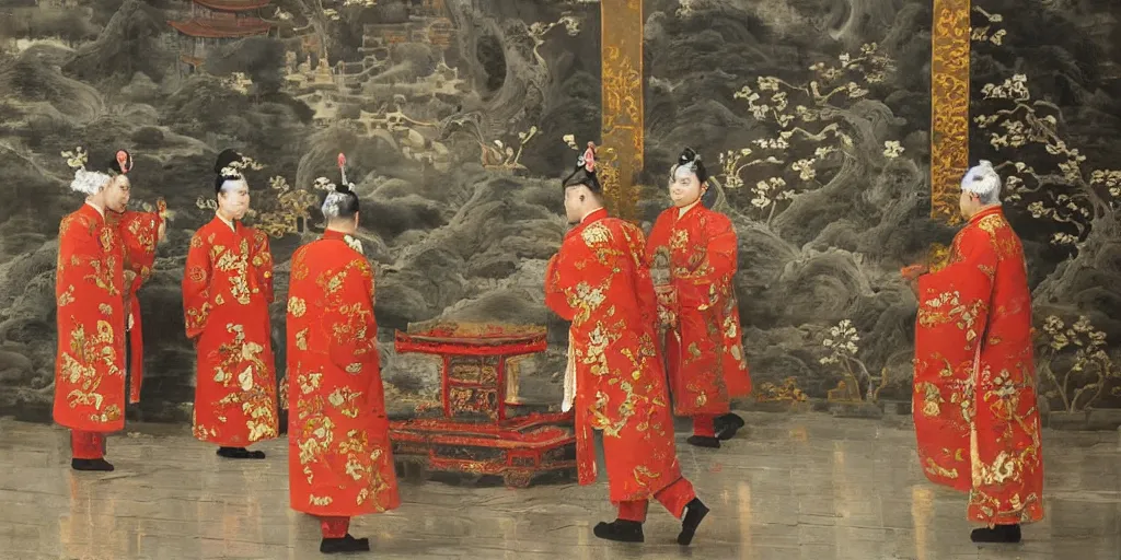 Prompt: Highly detailed and cinematic romantic period oil painting of Imperial Chinese palace guards bowing to the Chinese emperor who is sat upon a throne, strong atmosphere, oil painting masterpiece by Josep Tapiró Baró, symmetry, fractals