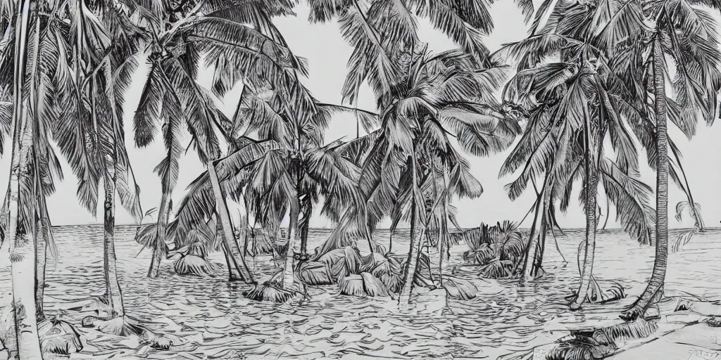 Image similar to tropical island, 8 k, high resolution, detailed charcoal drawing, beautiful hd, art nouveau, concept art, colourful artwork, in the style of axel aabrink