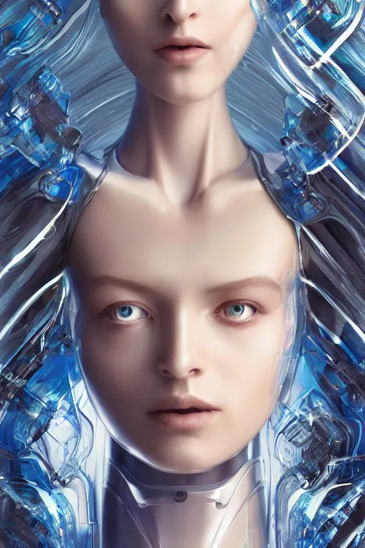 Image similar to a beautiful half body image of a futuristic android with body made of translucent plastic, long hair made of cellophane with a plastic hood and mechanical internal parts, symmetrical and realistic proportions by Irakli Nadar, tom bagshaw, Charlie Bowater with details by Jason Felix, furio tedeschi, face by ilya kuvshinov, artgerm, cinematic backlit lighting, beauty retouch, elite, photo realistic, octane render, hyper real, ultra detailed, trending on artstation pinterest and deviantart