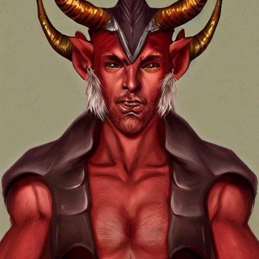 Image similar to dnd style portrait of a tiefling, male, red scales, red skin, a big black beard, completely golden eyes, 2 black ram horns growing out of his forehead,