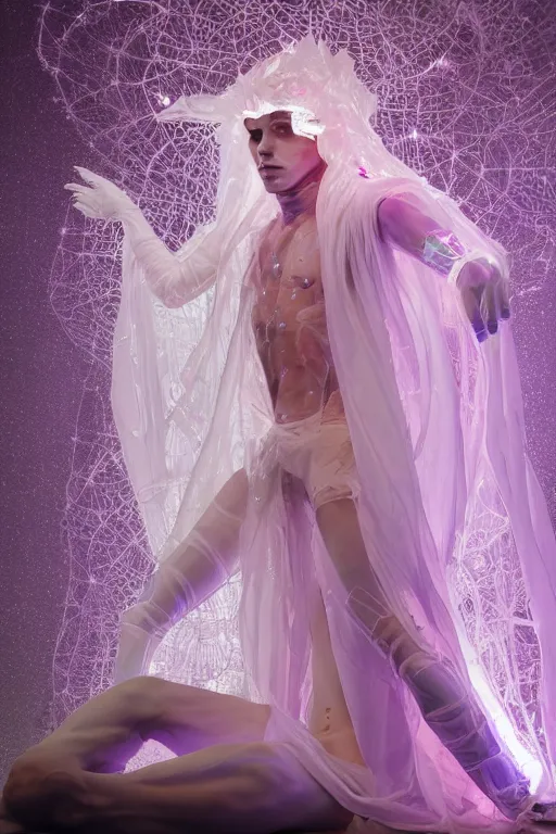 Image similar to full-body rococo and cyberpunk delicate crystalline sculpture of a muscular iridescent slender Spanish male as a humanoid deity wearing a thin see-through ((plastic hooded cloak)) sim roupa, reclining con las piernas abiertas, glowing pink face, crown of white lasers, large diamonds, swirling black silk fabric. futuristic elements. oozing glowing liquid, full-length view. space robots. human skulls. throne made of bones, intricate artwork by caravaggio. Trending on artstation, octane render, cinematic lighting from the right, hyper realism, octane render, 8k, depth of field, 3D