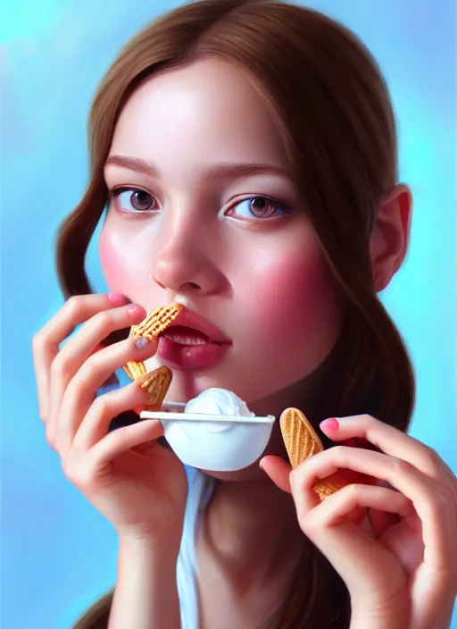 Image similar to a photorealistic detailed portrait of a beautiful girl eating ice cream, detailed, intricate, elegant, highly detailed, digital painting, artstation, concept art, smooth, sharp focus, illustration, art by greg rutkowskii 8 k