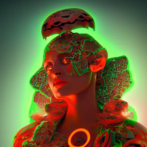 Image similar to Fortuneteller, clean background, Bright green dark orange intense black, Roger Dean, Joe Fenton, John Jude Palencar, Fred Tomaselli, Leng Jun, Baraka, DLSR, octane render, 8k, cinematic lighting, symmetry