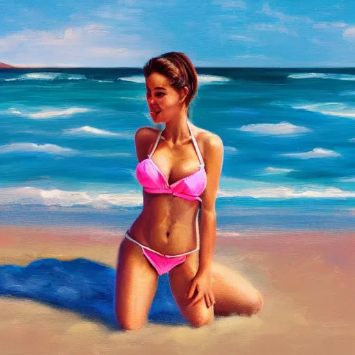 Image similar to Portrait of an extrovert cute girl posing in a bikini on the beach in the style of Mark Arian and Bell Julie, highly detailed, sharp focus, 8k render,