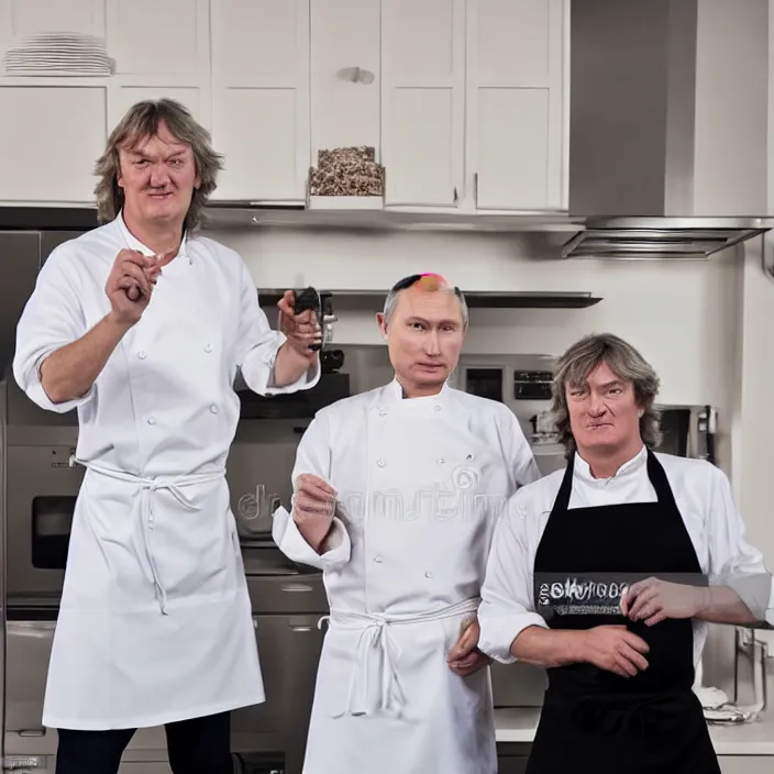 Prompt: vladimir putin and james may in white apron in kitchen cooking dinner. stock photo, high key lighting, photograph