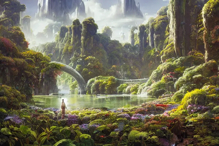 Image similar to Brutalist Solarpunk Shiro in Eden amazing concept painting, by Jessica Rossier , Gleaming White, fey magical lighting, overlooking a valley, Himeji Rivendell Garden of Eden, topiary, manicured gardens, terraced orchards and ponds, lush fertile fecund, fruit trees, by Brian Froud by Beksinski