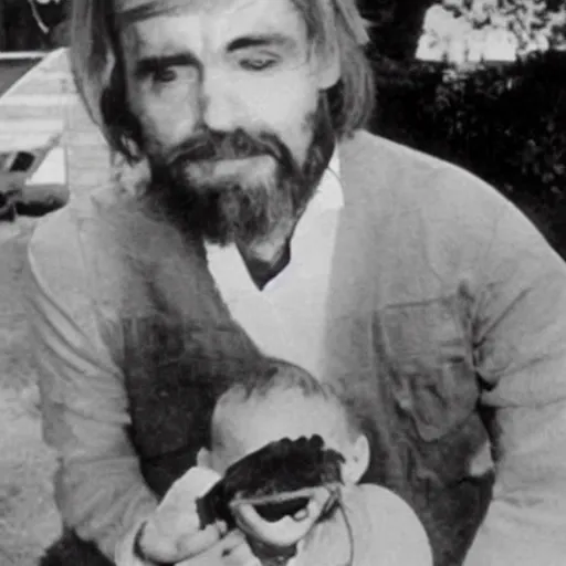 Image similar to charles manson with a baby body riding a flying fish