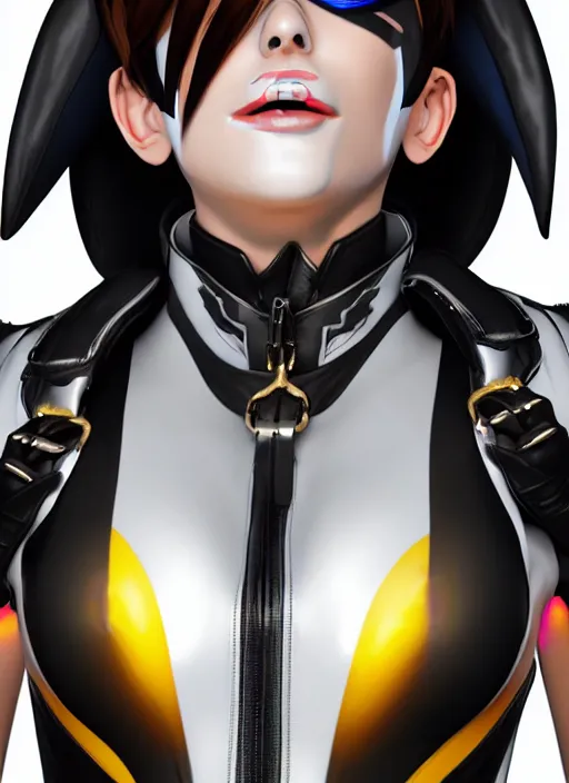 Image similar to portrait bust digital artwork of tracer overwatch, wearing white iridescent rainbow latex and leather straps catsuit outfit, 4 k, expressive happy smug expression, makeup, in style of mark arian, angel wings, wearing detailed black leather collar, chains, black leather harness, detailed face and eyes,