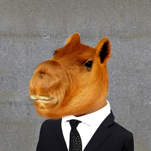 Image similar to capybara head, a man wearing a suit capybara head