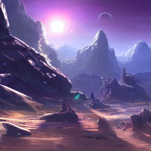 Prompt: Starfinder planet landscape. Concept art, 4k, highly detailed.