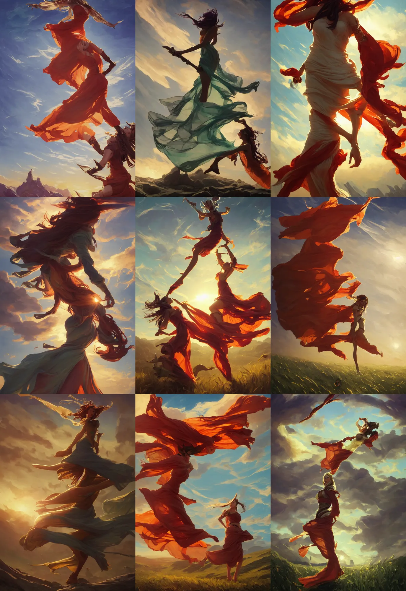 Prompt: league of legends and warframe art, single levitating girl in orange and white maxi dresses between clouds above green fields in sunset light, close up portrait, elegant, intricate, digital painting, artstation, concept art, golden hour, epic composition, smooth, sharp focus, illustration, art by ed mell and Daniel F. Gerhartz and Jacek Malczewski and gustav klimt, Tibor Nagy