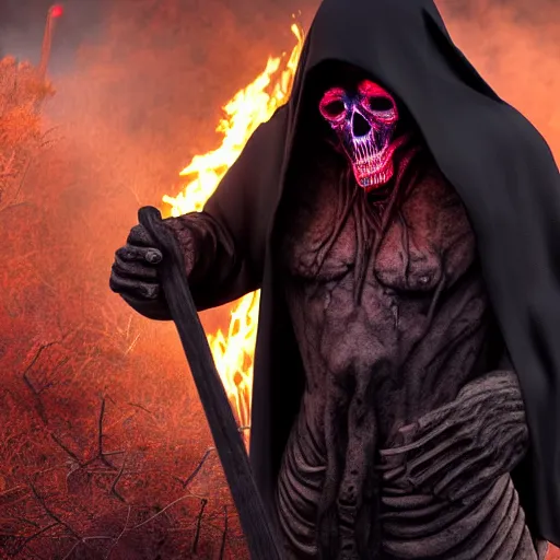 Image similar to a black hooded faceless monster in hells graveyard, holding a scythe, reaper, amazing fire art, ray tracing, realistic fire sharp focus, long shot, 8 k resolution, cinematic