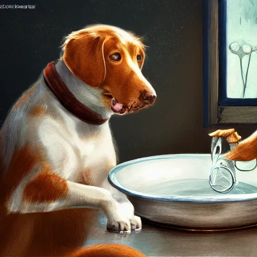 Image similar to a dog washing dishes, elegant, intricate, highly detailed, digital painting, artstation, concept art, sharp focus, illustration, 8 k