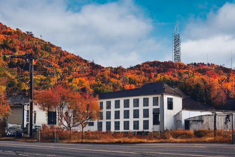 Prompt: warehouses on either side of a street, with an autumn hill directly behind, radio tower. Lens compression, photography, highly detailed