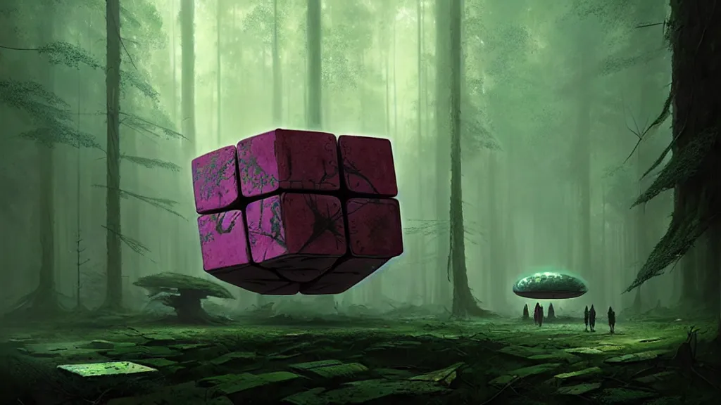 Prompt: a huge indeterminate color alien cube with a strange texture from nanotechnology, forgotten and lost in the forest, detailed digital art by greg rutkowski.