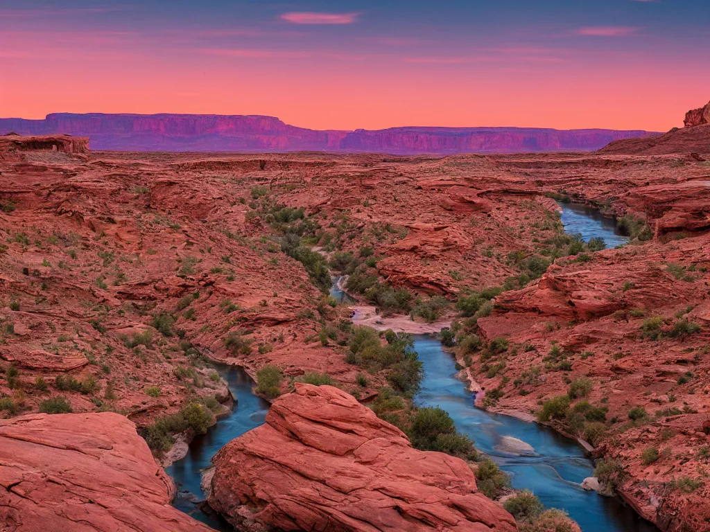 Image similar to “a river running through a canyon surrounded by desert mountains at sunset, moab, utah, a tilt shift photo by Frederic Church, trending on unsplash, hudson river school, photo taken with provia, national geographic photo, tilt shift”