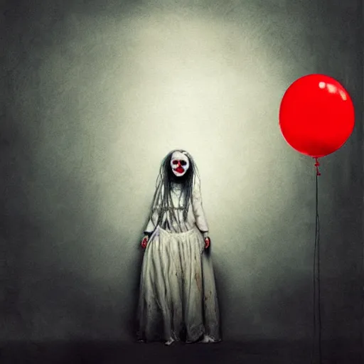 Image similar to grunge painting of a billie eilish with a wide smile and a red balloon by michal karcz, loony toons style, pennywise style, corpse bride style, rick and morty style, creepy lighting, horror theme, detailed, elegant, intricate, conceptual, volumetric light