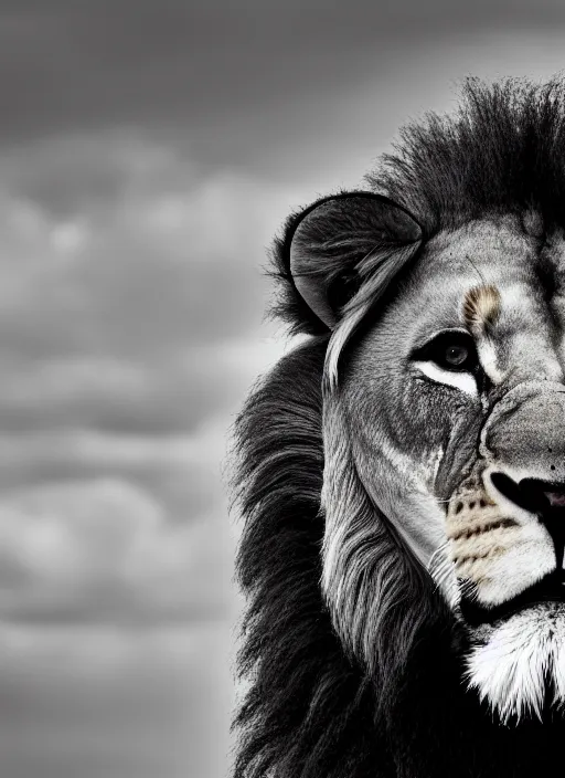 Image similar to very close lion and lioness black and white portrait white sky in background