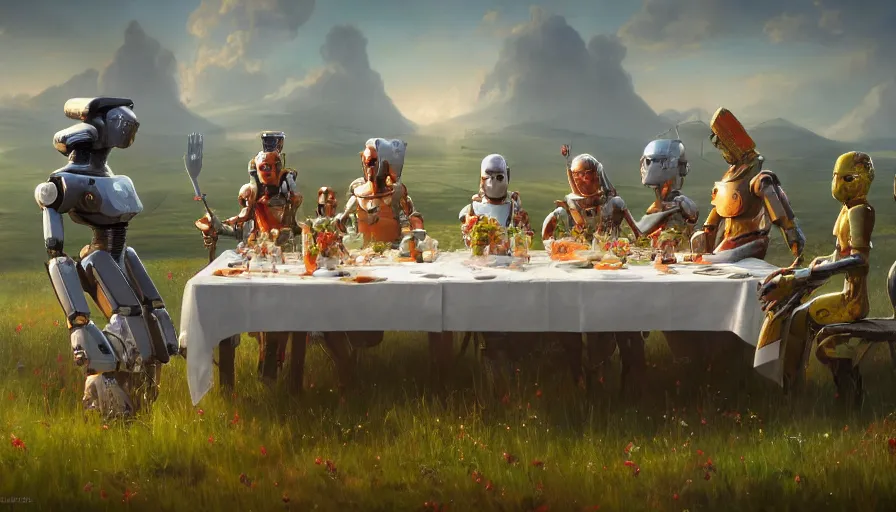 Prompt: a table dinner of android robots where robots are dressed like the characters from the midsommar movie, realistic detailed digital art by maxwell boas jessica rossier christian dimitrov anton fadeev trending on artstation cgsociety rendered in unreal engine 4 k hq