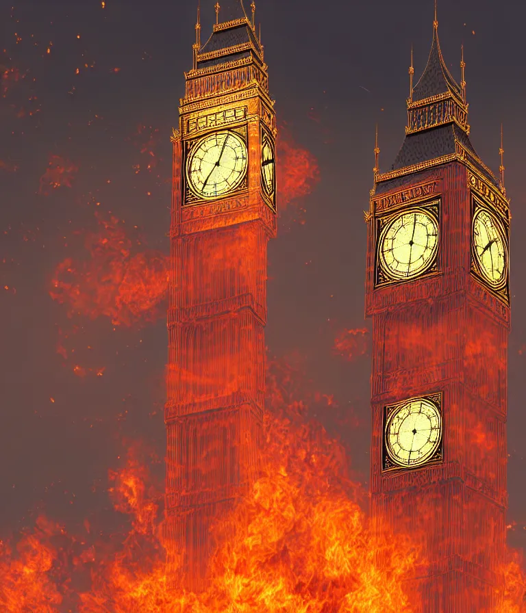 Prompt: a beautiful hyperrealistic detailed 3D render of big ben burning, by Anton Otto Fischer, Atey Ghailan, genzoman, unreal engine, octane render, gigantic, 3D, brilliantly coloured, intricate, ultra wide angle, trending on artstation, embers, smoke, dust, dusk, volumetric lighting, HDR, polished, micro details, ray tracing, 8k